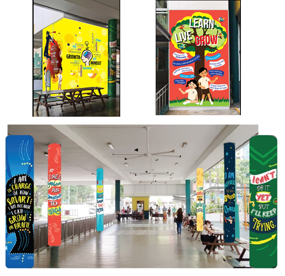 Colorful motivational posters and painted pillars in a school canteen with phrases like Learn Live Grow and Growth Mindset.